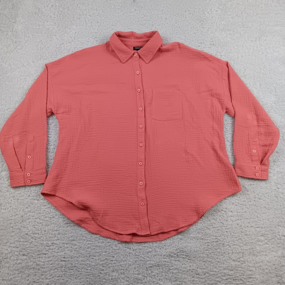 Torid Shirt Button Down Woman 00 Coral Double Gauze Cotton Long Sleeve RN 148862